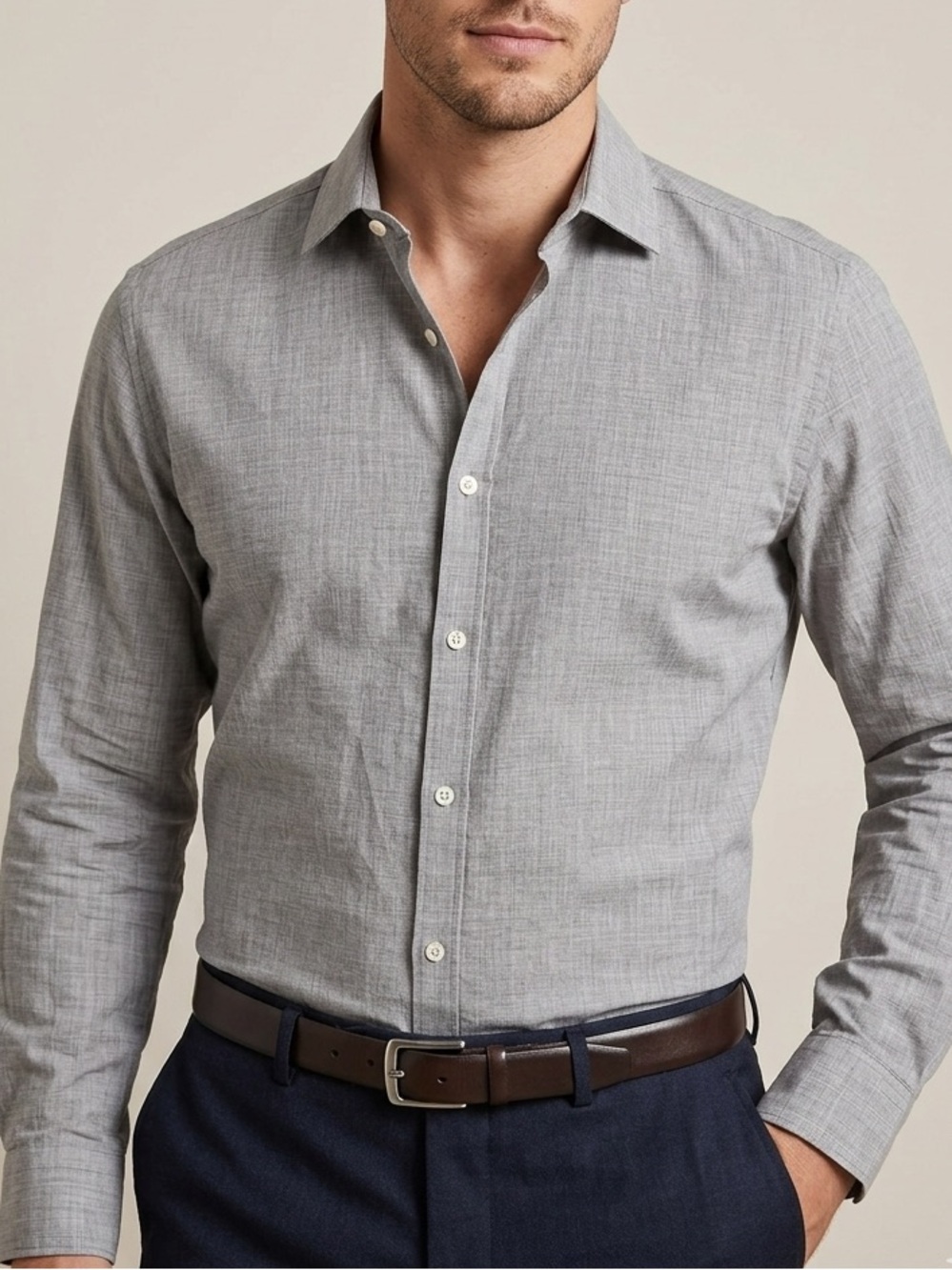 JOHN VARVATOS Signature Slim Fit Grey Crosshatch Cotton Button Down Shirt